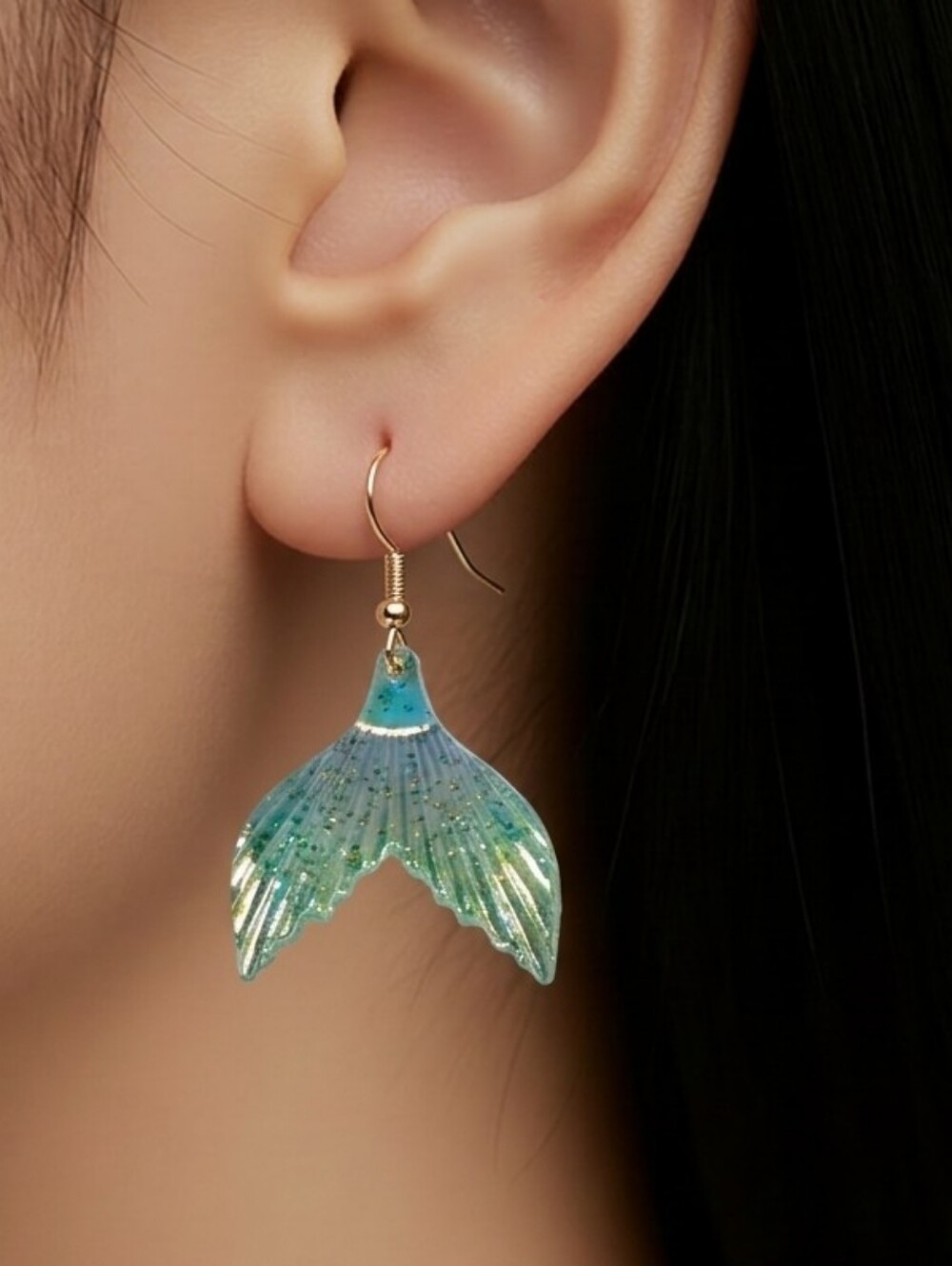 Mermaid Tail Earrings Iridescent Aqua Gold Glitter Ocean Coastal Dangle Earrings